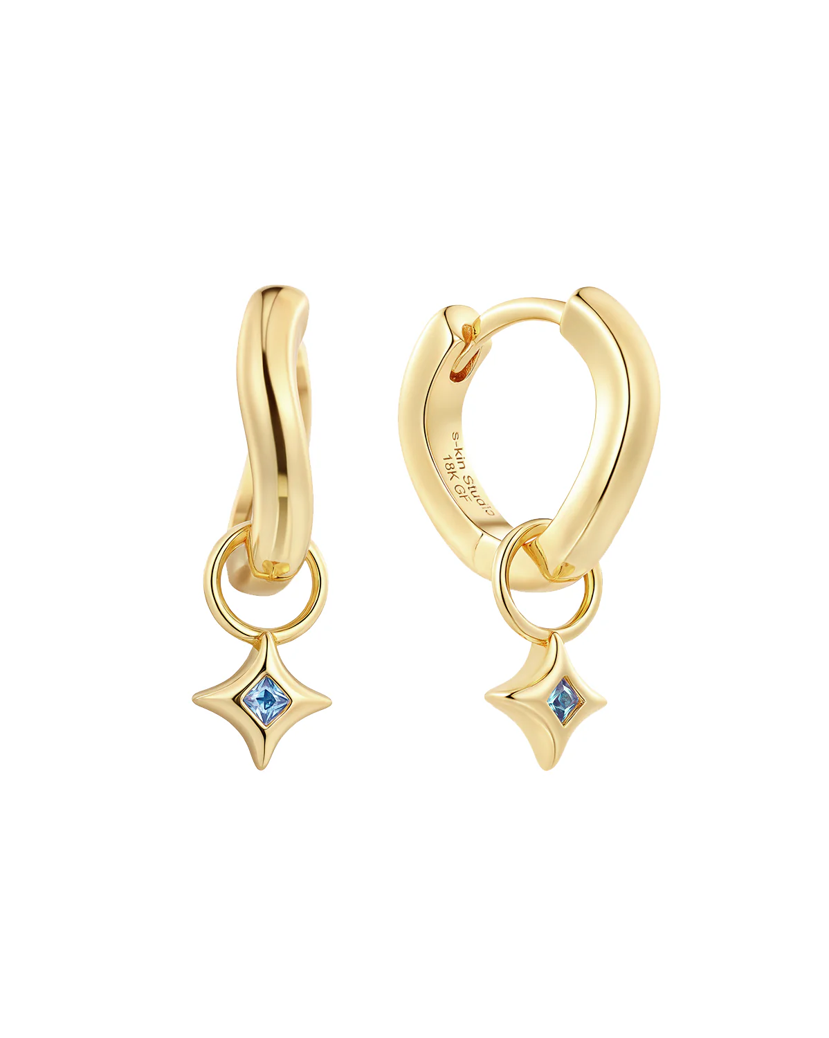 Wavy Sparkle Charm Hoops - Aquamarine CZ ( March)